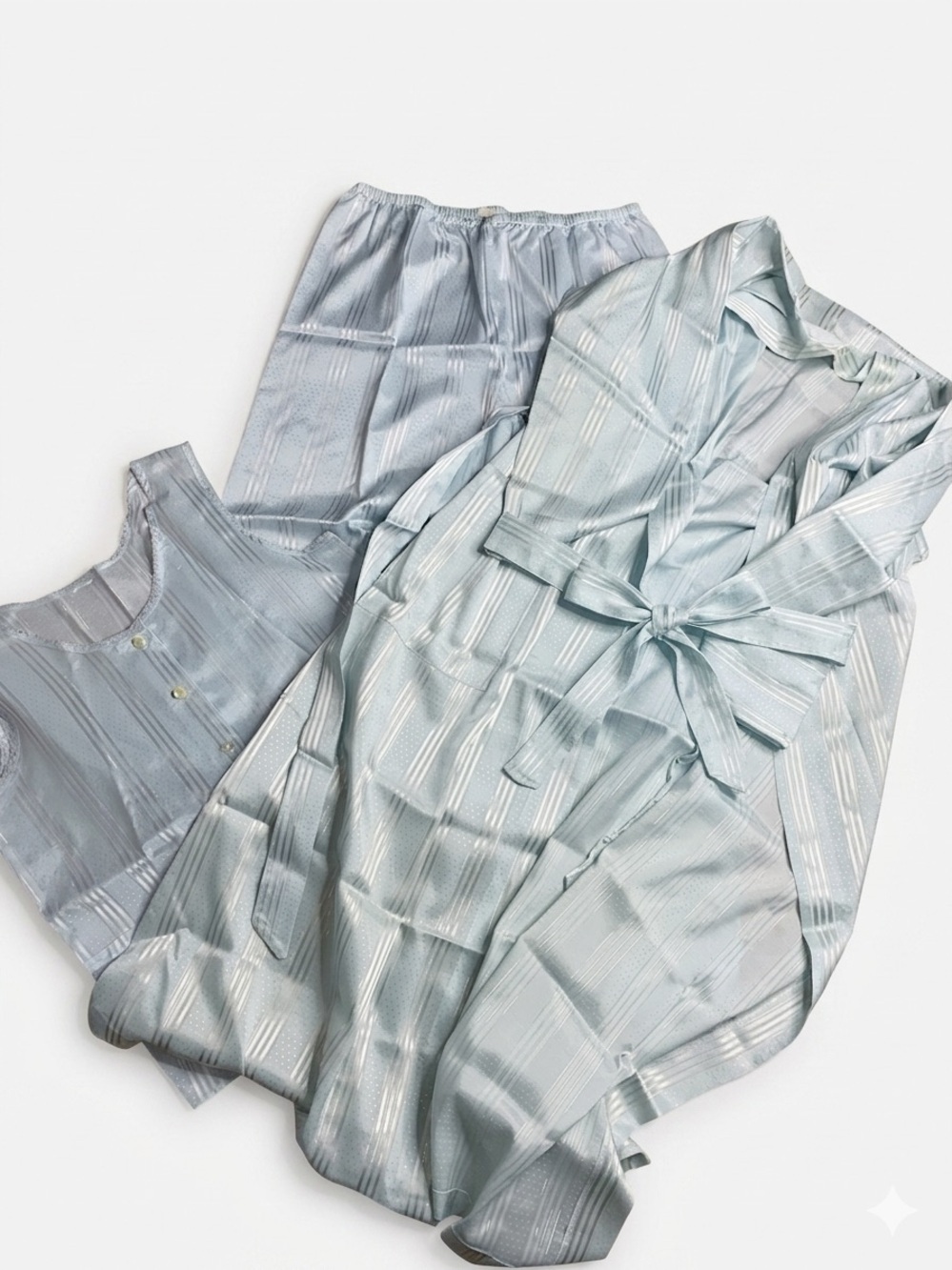 Vintage 3-Piece Satin Pajama Loungewear Set - Stripes & Polka Dot Size Small